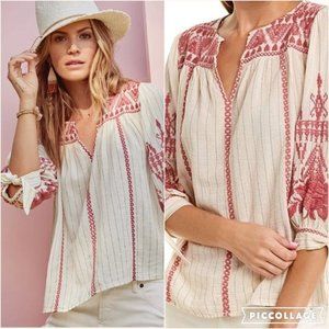 Johnny Was Josiane Embroidered Blouse L 3/4 Balloon Tie Sleeve Top Shirt W10518